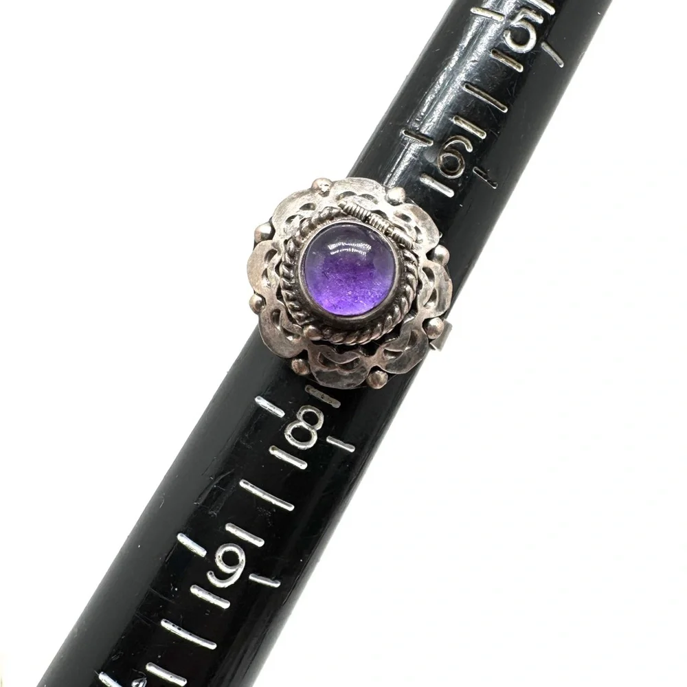Vintage Taxco Sterling Silver Amethyst Poison Ring Adjustable